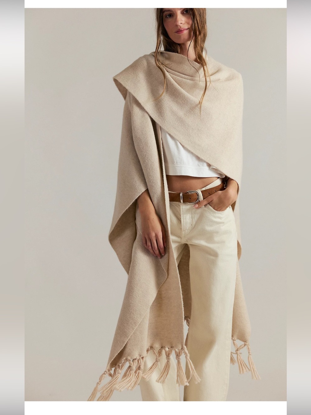 Free people Neutral Cream Knit Poncho Sweater